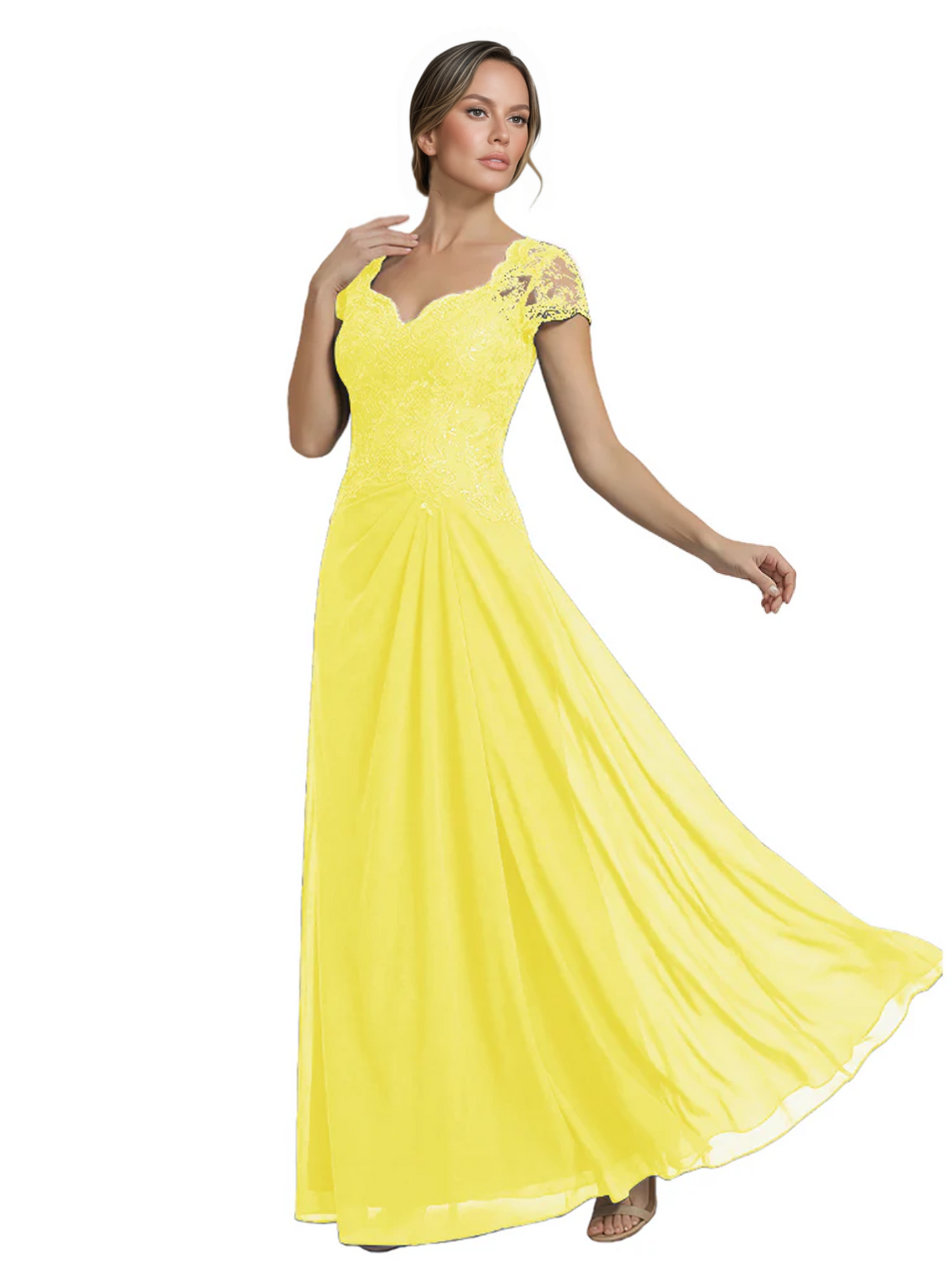Long A-line Chiffon Short Sleeves Mother of the Brides Dresses Lace Wedding
