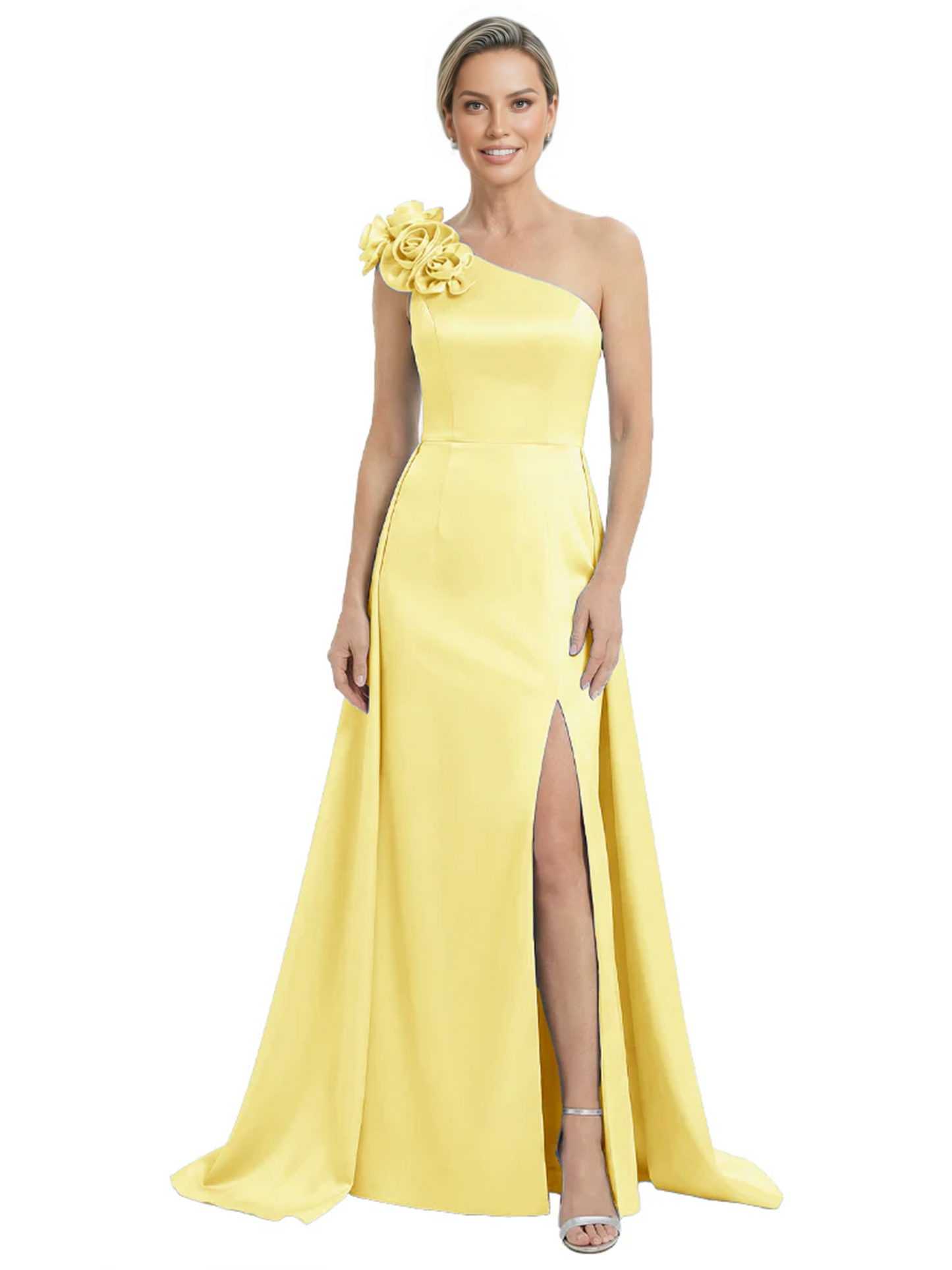 One Shoulder Mother of the Bride Dress with 3D Floral Detail Formal Dress A-Line Gowns with Slit