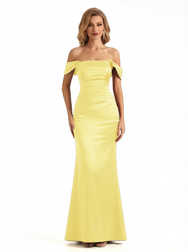 Womens' Sexy Off The Shoulder Mermaid Ruched Satin Long Formal Dresses