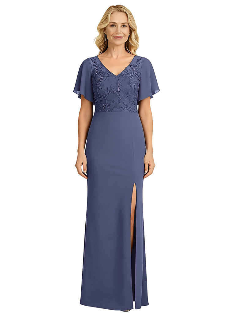 V-Neck Slit Grandmother of the Bride Dresses V-neck Wedding Party Gowns for Moms