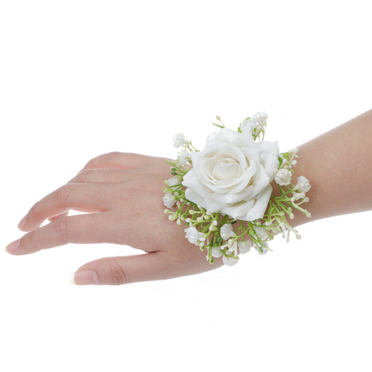 White Imitation Wrist Flower Bride Bridesmaid Sister Group Hand Flower Dress Brooch Corsage