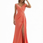 Elegant Cap Sleeves V-Neck Silky Satin Mermaid Long Formal Dresses Side Slit With Waist Drape