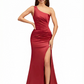 Ladies One Shoulder Silky Satin Criss Cross Mermaid Long Formal Evening Gowns Side Slit