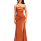 Sexy One Shoulder Twist Knot Ruched Satin Mermaid Long Formal Dresses For Women Side Slit