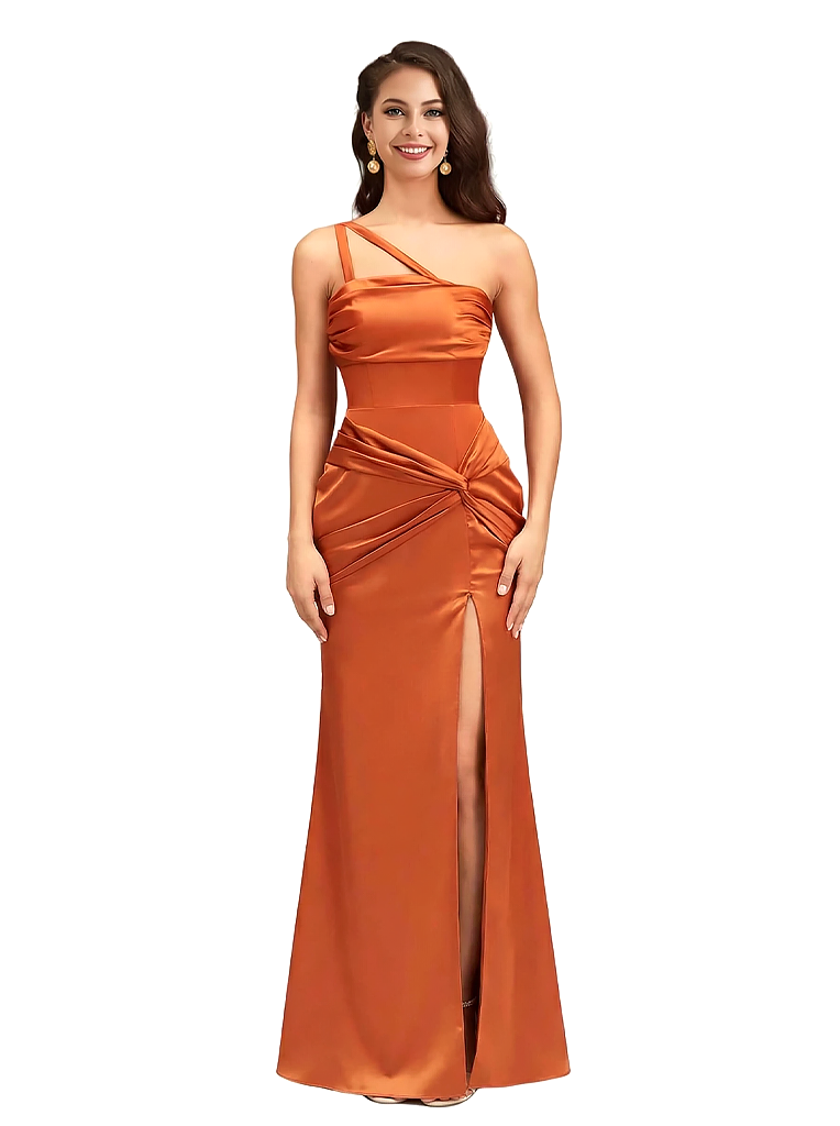 Sexy One Shoulder Twist Knot Ruched Satin Mermaid Long Formal Dresses For Women Side Slit