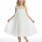 Cap Sleeve Flower Girl Dress, Pleated Chiffon A-Line Silhouette, Knee Length Formal Style