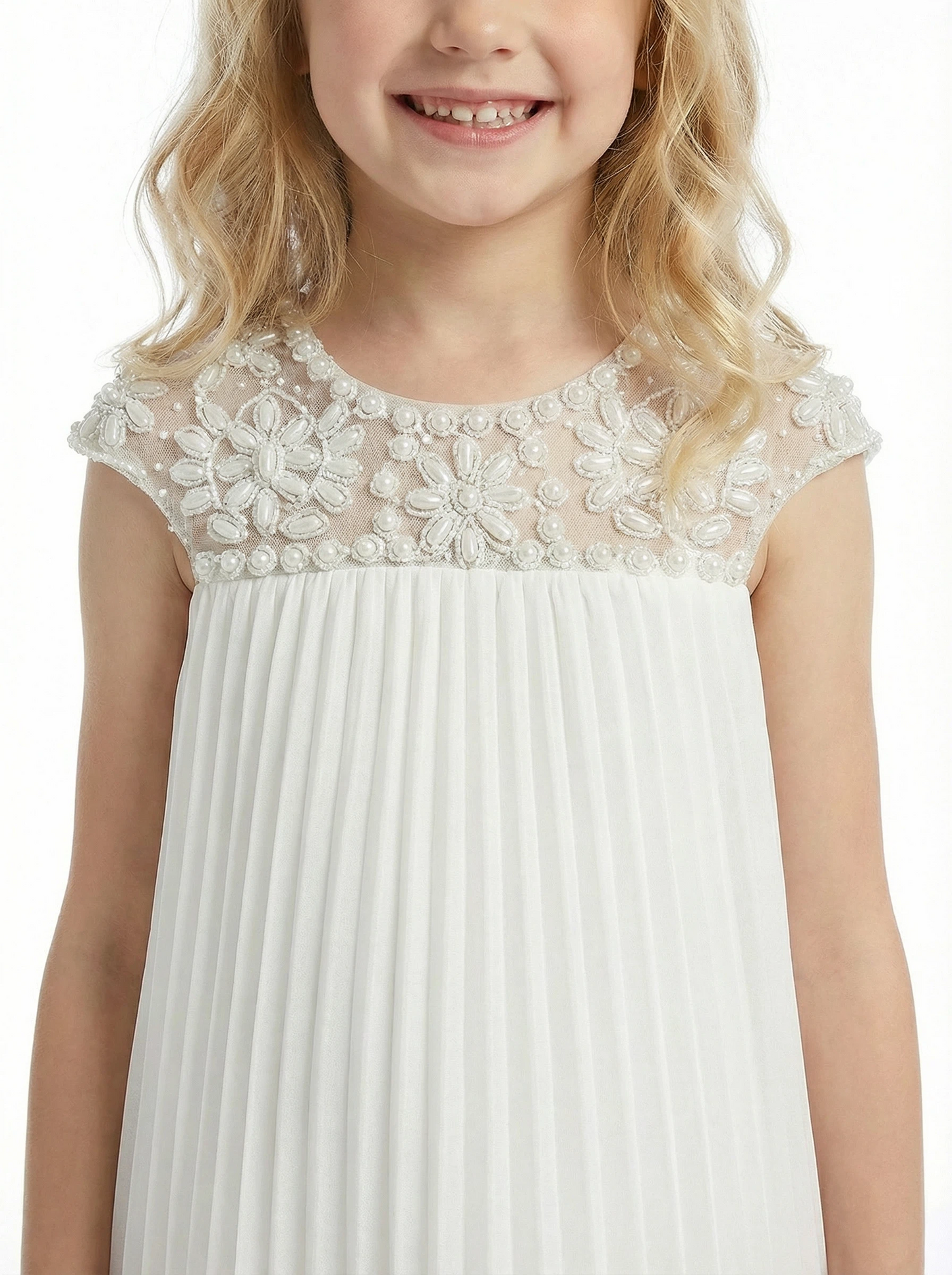 Cap Sleeve Flower Girl Dress, Pleated Chiffon A-Line Silhouette, Knee Length Formal Style