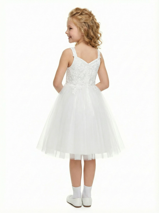 Sweetheart Lace Flower Girl Dress, Strapless Tulle Ball Gown Applique Bodice Floor Length