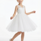 V-Neck Lace Flower Girl Dress with Sleeveless Bodice and Tea Length Princess Tulle Skirt