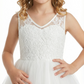 V-Neck Lace Flower Girl Dress with Sleeveless Bodice and Tea Length Princess Tulle Skirt