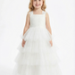 Layered Tulle Flower Girl Dress with Square Neck Sleeveless Bodice and Maxi Ball Gown Shape