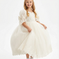Vintage Lace Flower Girl Dress Puff Sleeve Square Neck Midi Length Tulle Princess Gown