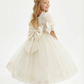 Vintage Lace Flower Girl Dress Puff Sleeve Square Neck Midi Length Tulle Princess Gown