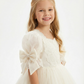 Vintage Lace Flower Girl Dress Puff Sleeve Square Neck Midi Length Tulle Princess Gown