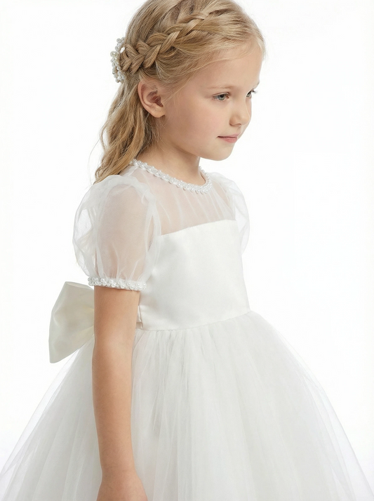 Sheer Yoke Puff Sleeve Flower Girl Dress Spaghetti-Straps  A-Line Tulle Party Dress