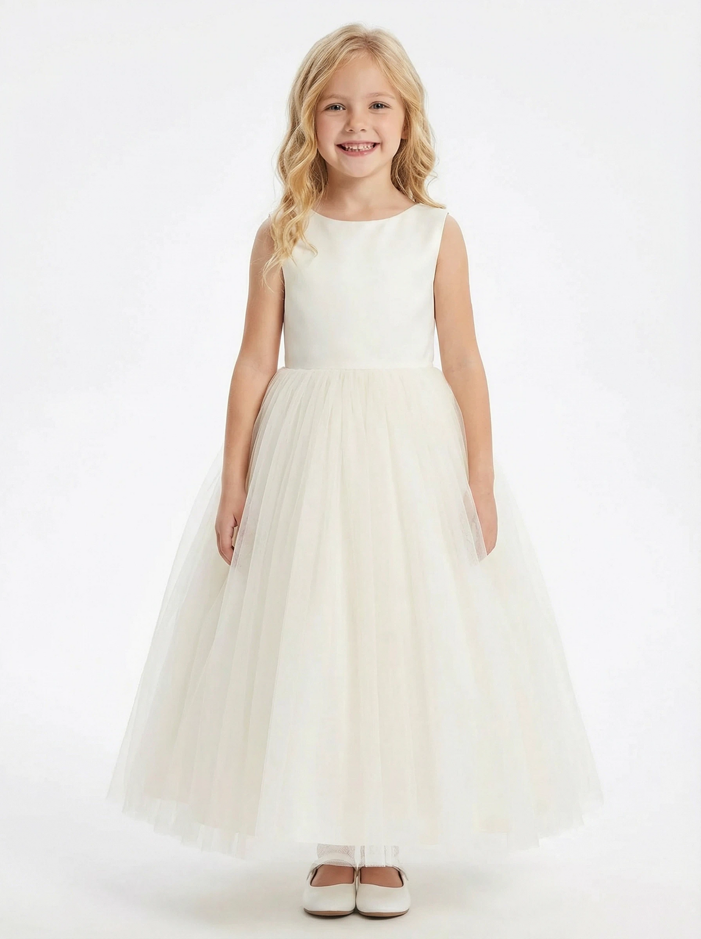 Simple Flower Girl Dress Sleeveless Scoop Neck A Line Tulle Skirt Minimalist Wedding Gown