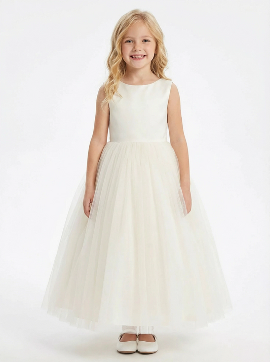 Simple Flower Girl Dress Sleeveless Scoop Neck A Line Tulle Skirt Minimalist Wedding Gown