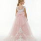 Princess Flower Girl Gown with Illusion Neck Sleeveless A Line Tulle Skirt Lace Train Dress
