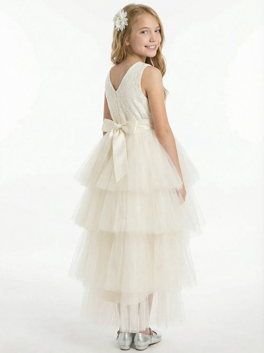 High Low Flower Girl Dress Sleeveless Lace Bodice Layered Tulle Skirt Party Wedding Gown