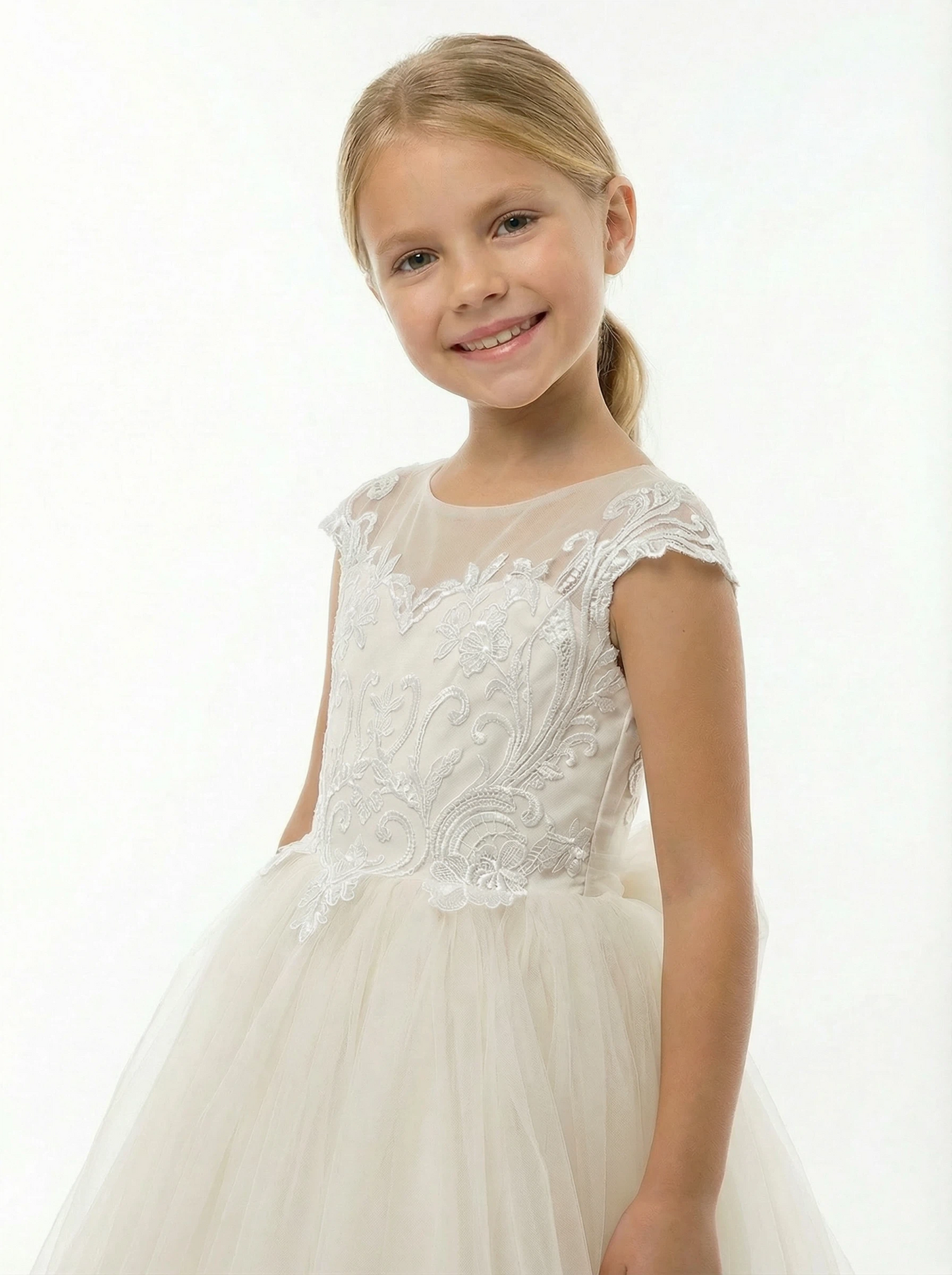 Illusion Neck Flower Girl Dress with Cap Sleeves A Line Tulle Skirt Cathedral Train Gown