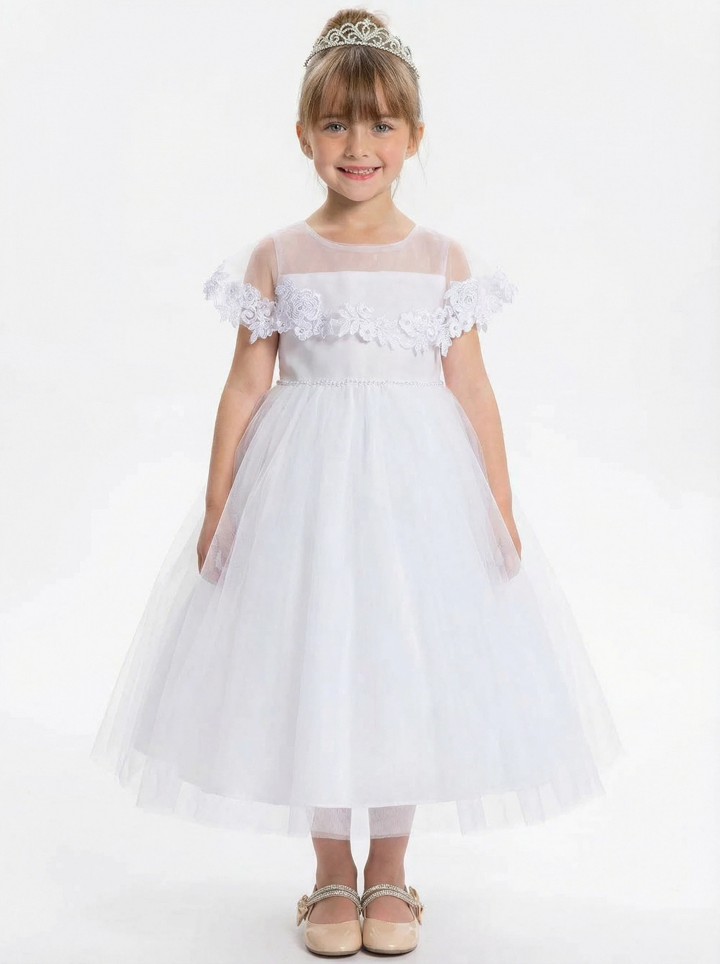 Off Shoulder Flower Girl Dress with Illusion Neck Tulle Skirt Beaded Waist Formal Gown
