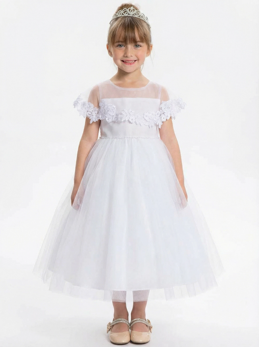 Off Shoulder Flower Girl Dress with Illusion Neck Tulle Skirt Beaded Waist Formal Gown