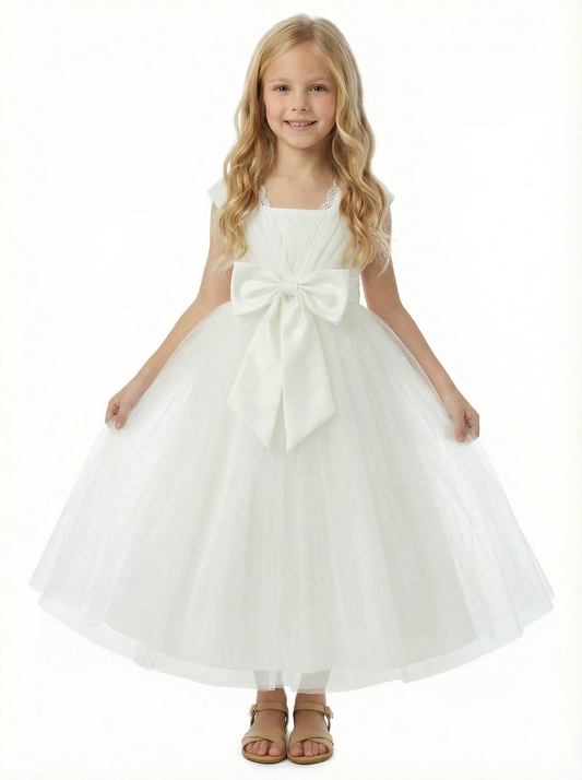 Flower Girl Dress with V Neck Sleeveless A Line Tulle Skirt Bow Detail Elegant Wedding Gown
