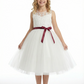 Classic Floral Lace Flower Girl Dress with Soft Tulle Skirt and Burgundy Waist Bow