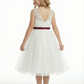 Classic Floral Lace Flower Girl Dress with Soft Tulle Skirt and Burgundy Waist Bow