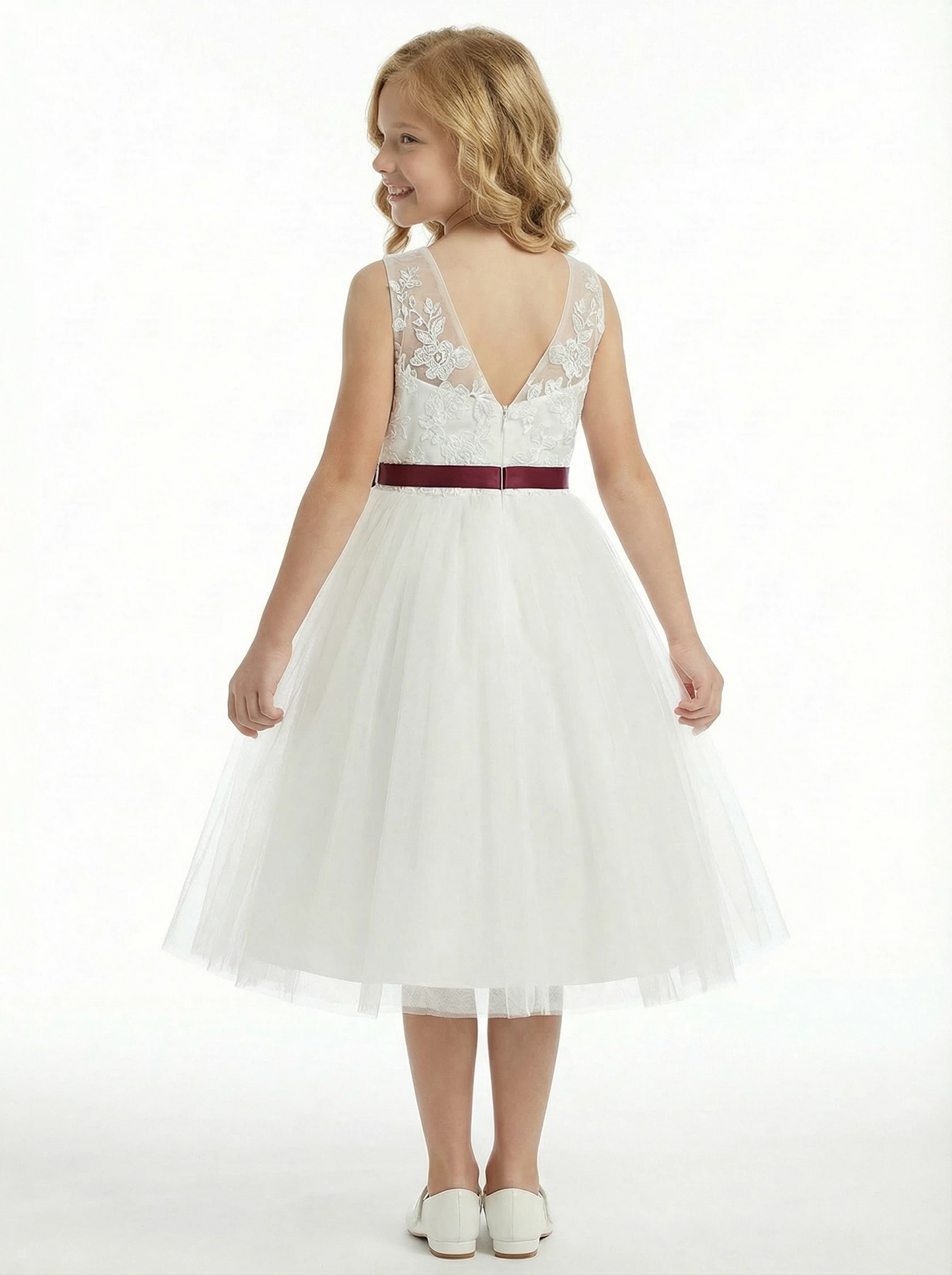 Classic Floral Lace Flower Girl Dress with Soft Tulle Skirt and Burgundy Waist Bow