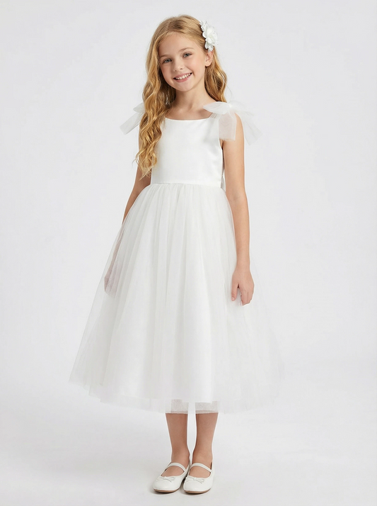 Elegant Tulle Flower Girl Dress with Soft Bow Shoulders Lace Bodice Flower Girl For Wedding Party Gowns