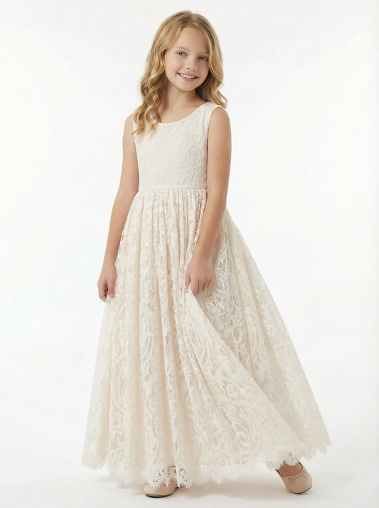 Elegant Lace Flower Girl Dress with Sleeveless Bodice and Flowing A-Line Skirt