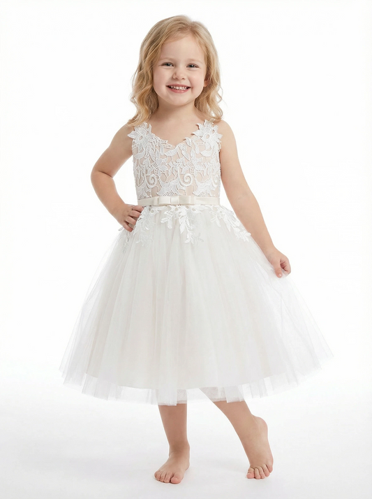 Sweet Ivory Lace Flower Girl Dress with Tulle Skirt for Weddings and Special Occasions