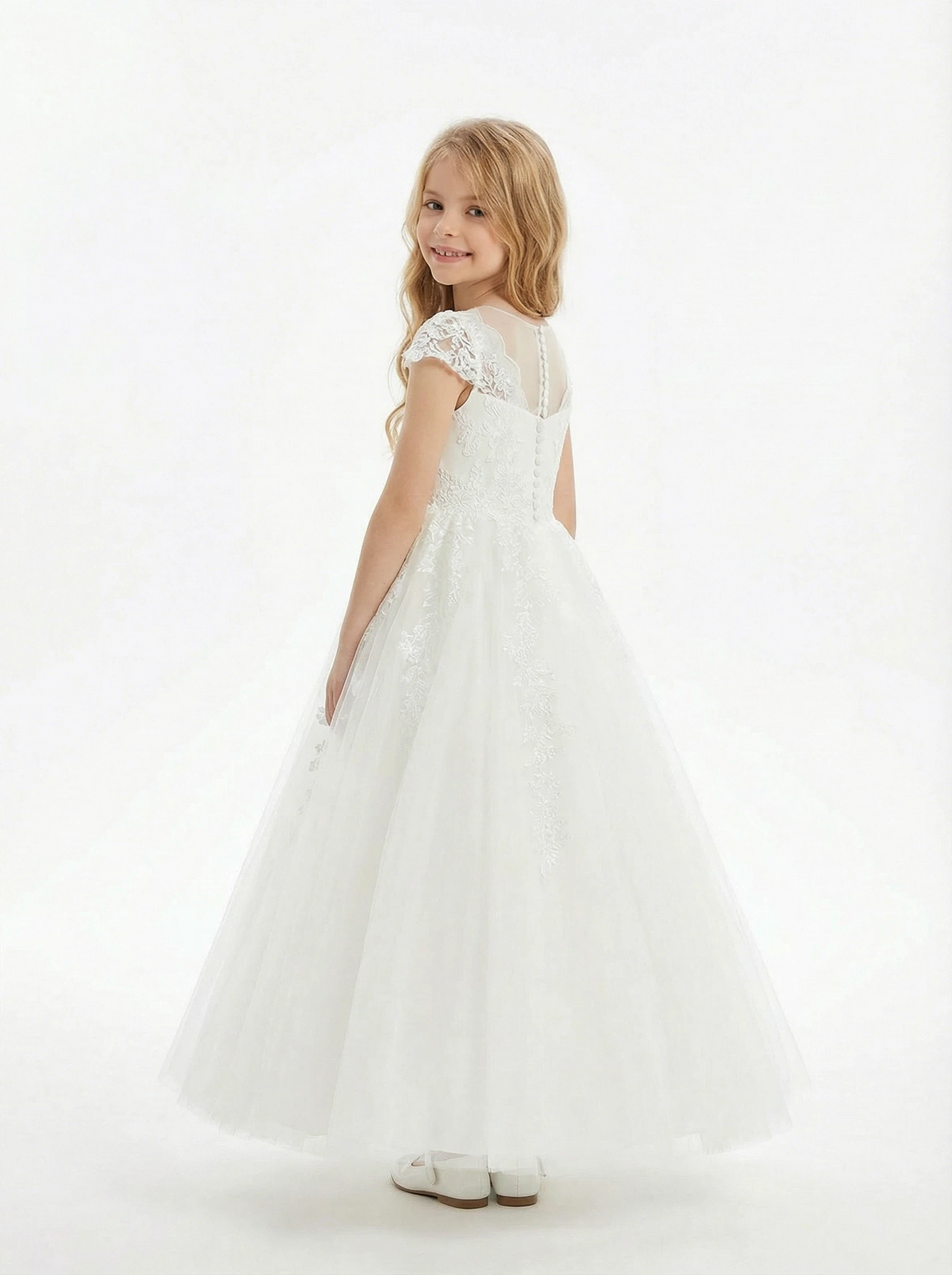 Dreamy White Tulle & Lace Flower Girl Dress  Flowers Pageant Dress Evening Gowns