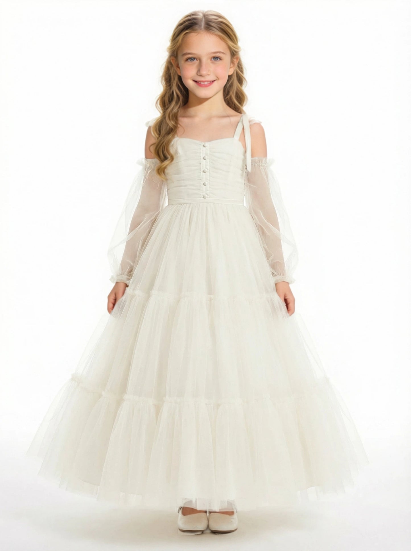 Off-Shoulder Long-Sleeve Princess Gown with Tulle Flower Girl Dress Birthday Party Dresses
