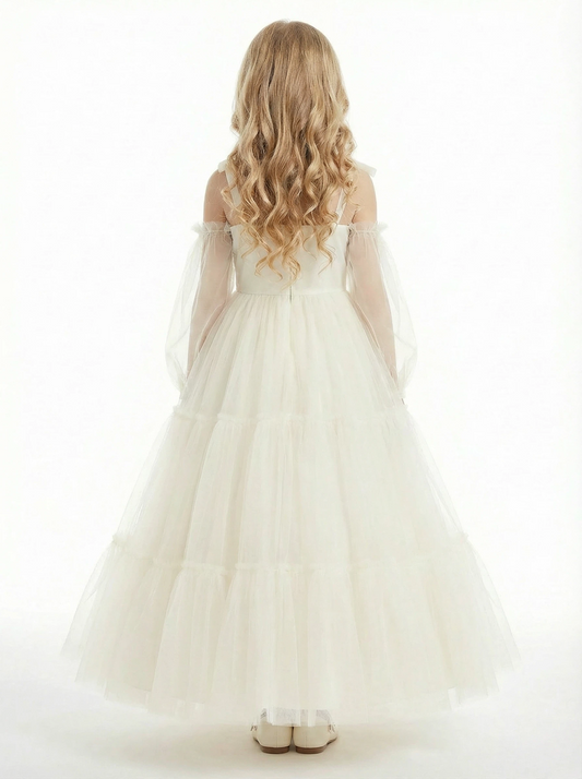 Off-Shoulder Long-Sleeve Princess Gown with Tulle Flower Girl Dress Birthday Party Dresses