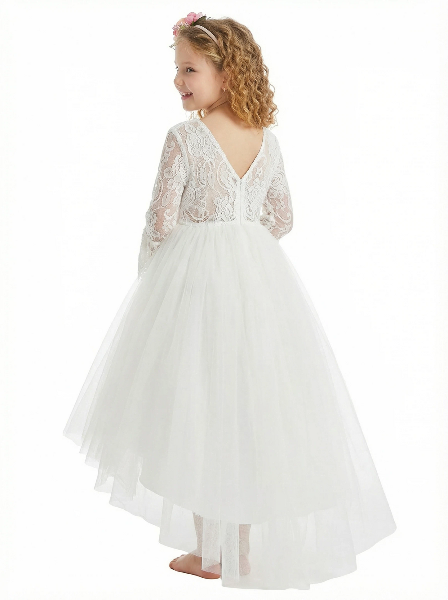 Lace Long Sleeves High-Low Princess Dress Flower Girl Dress Birthday Party Dresses
