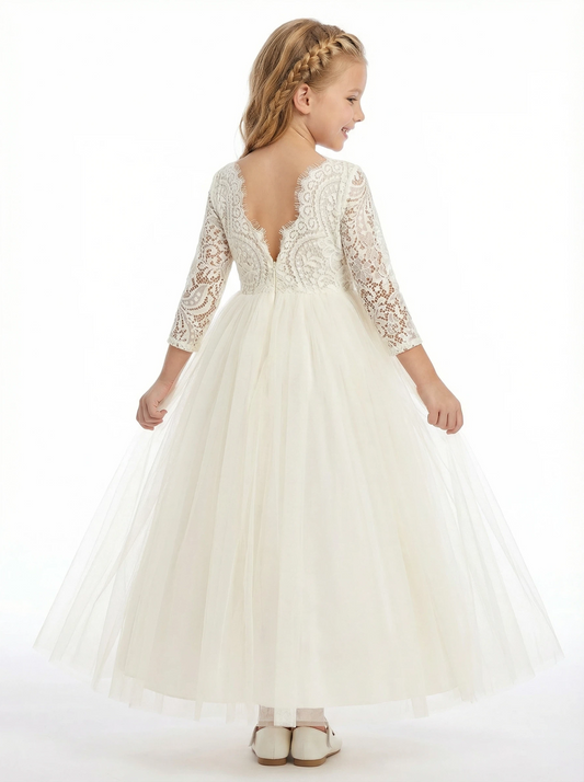 Long Sleeves Jewel Lace Princess Dress Flower Girl Dress Birthday Party Dresses