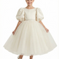 Puff Short Sleeves Beads Satin Bow Knot Flower Girl Dress Birthday Party Dresses