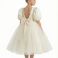 Puff Short Sleeves Beads Satin Bow Knot Flower Girl Dress Birthday Party Dresses