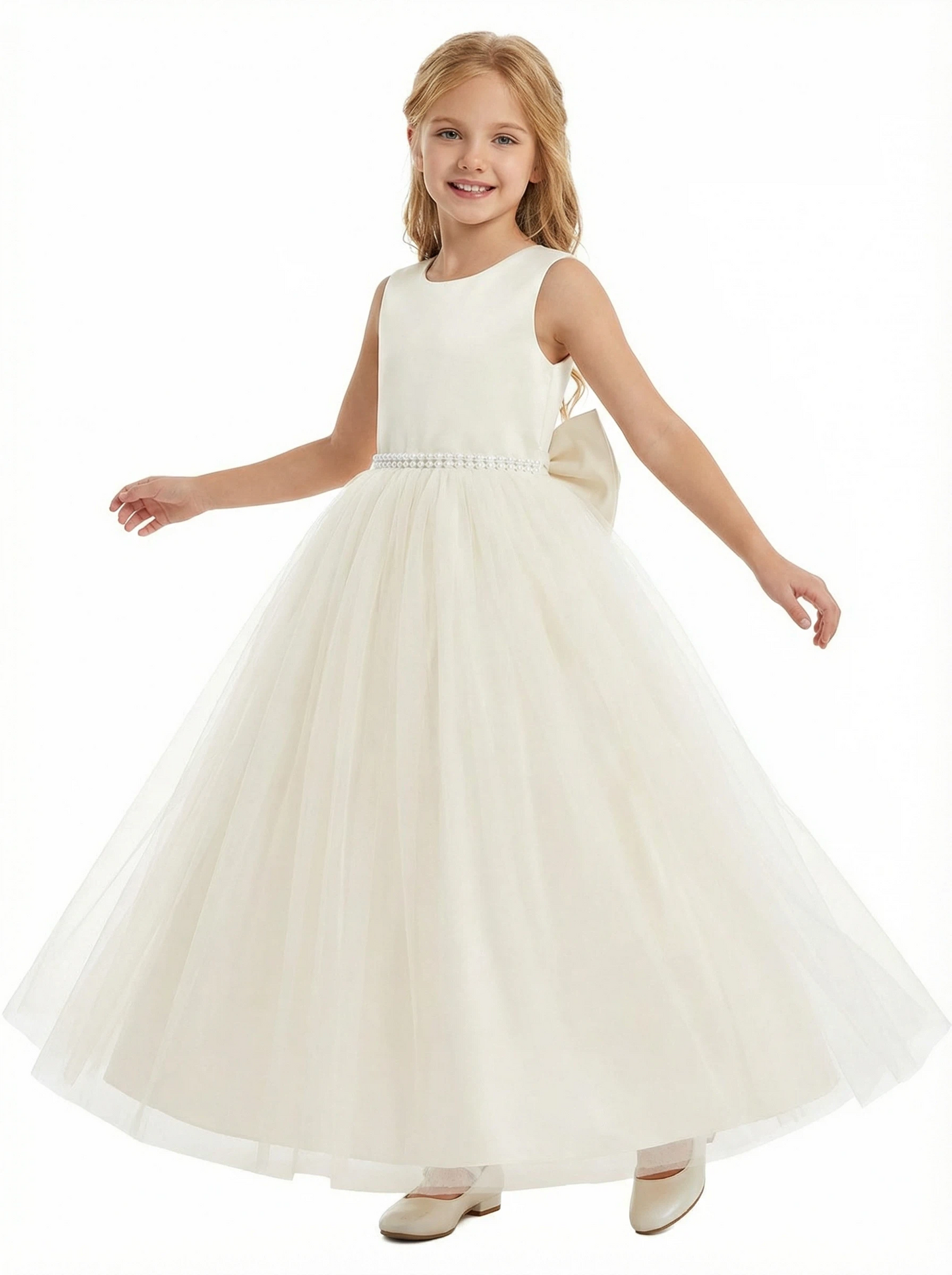 Lovely Beads Tulle Bow Knot Floor-Length Flower Girl Dress Birthday Party Dresses