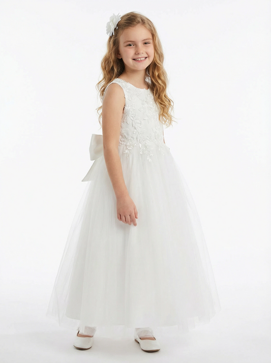 Sleeveless Round Neck Lace Embroidered Tulle Flower Girl Dress Cute A-Line Dress with Bow Back