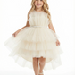 Sleeveless Sheer Neck Ruffled Tulle Flower Girl Dress Cute High-Low Tiered Dress with Pearl Waist