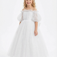 Off-the-Shoulder Puff Sleeve Tulle Flower Girl Dress Cute A-Line Lace Embroidered Long Dress