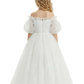 Off-the-Shoulder Puff Sleeve Tulle Flower Girl Dress Cute A-Line Lace Embroidered Long Dress