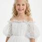 Off-the-Shoulder Puff Sleeve Tulle Flower Girl Dress Cute A-Line Lace Embroidered Long Dress