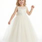 Sleeveless Round Neck Lace Sequin Tulle Flower Girl Dress Cute A-Line Flowy Dress with Bow Detail