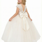 Short Lace Sleeve Round Neck Tulle Flower Girl Dress Cute A-Line Gown with Back Bow & V-Back Detail