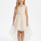 V-Neck Sleeveless Floral Lace Tulle Flower Girl Dress Cute High-Low Gown with Back Bow Detail