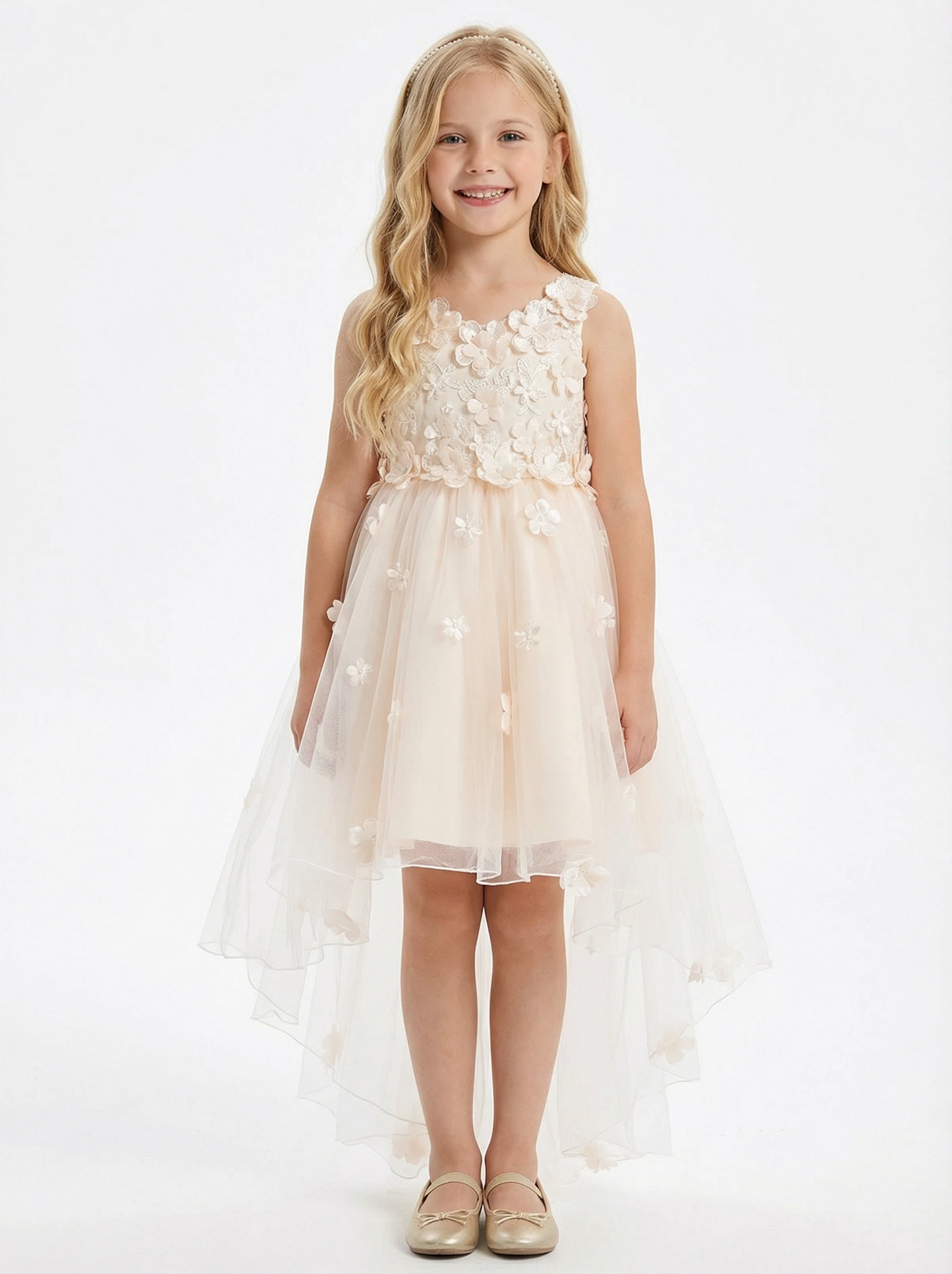 V-Neck Sleeveless Floral Lace Tulle Flower Girl Dress Cute High-Low Gown with Back Bow Detail